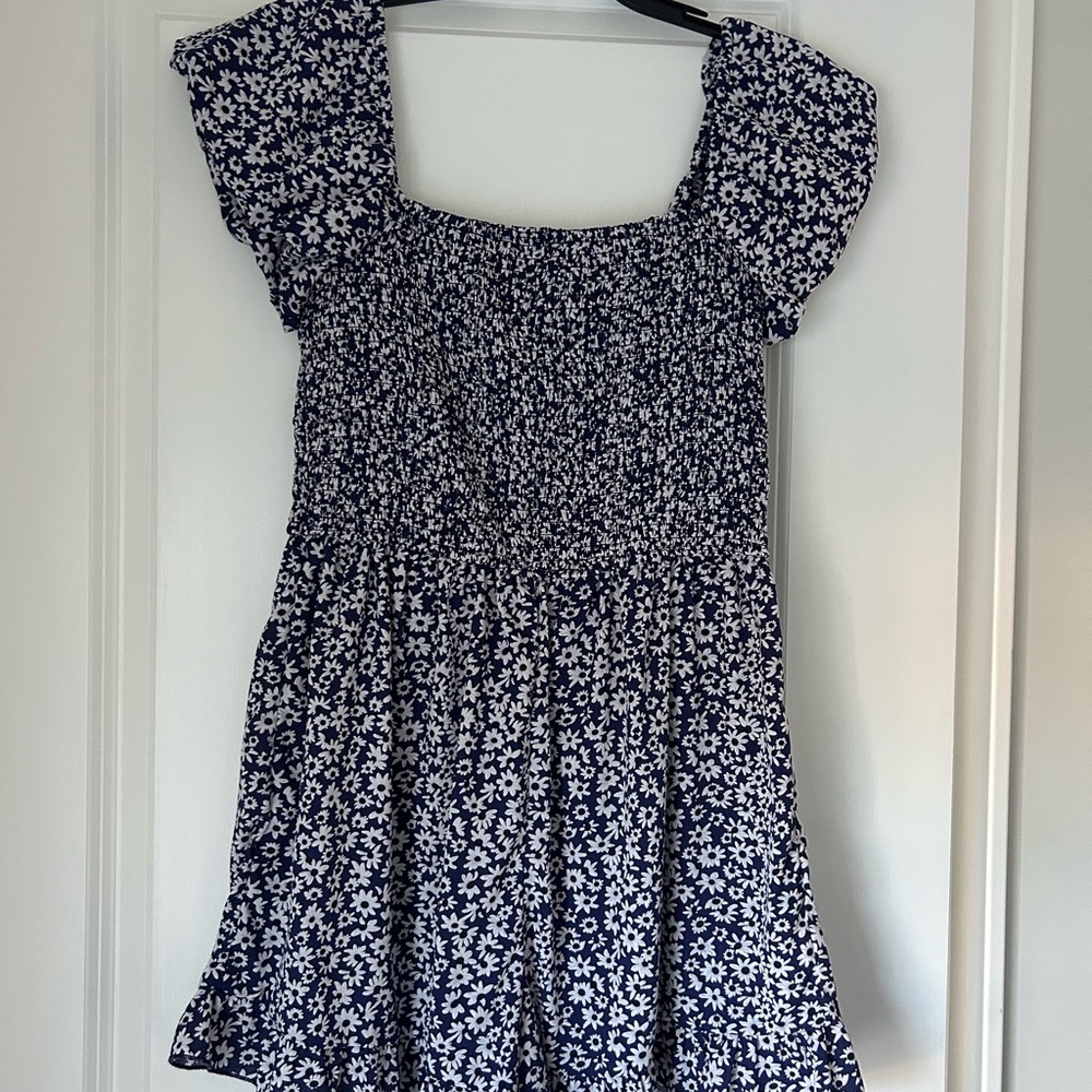 Blue Romper with Puff Sleeves and Square Neck